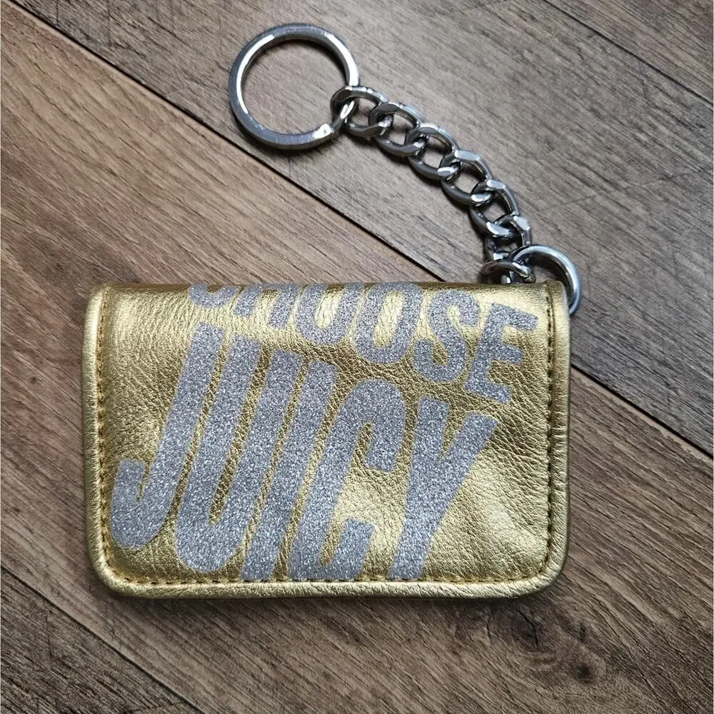 Juicy Couture Gold‎ Keychain Wallet Credit Card Slots Silver Metallic Graphic